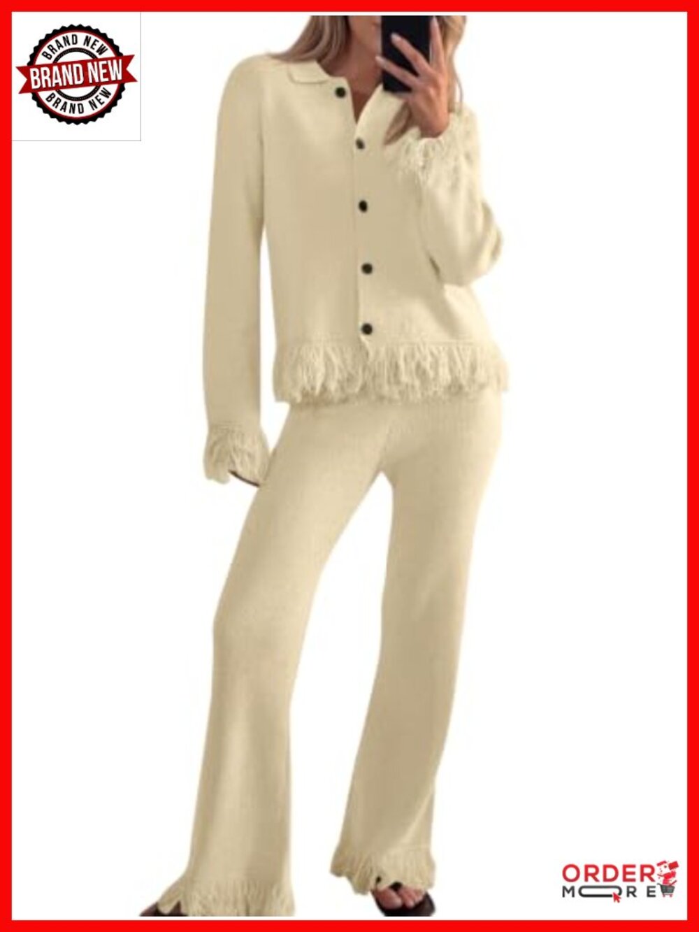 Fringe Button Up Cardigan & Flare Pants Set 2 Piece Knit Vacation Outfit
